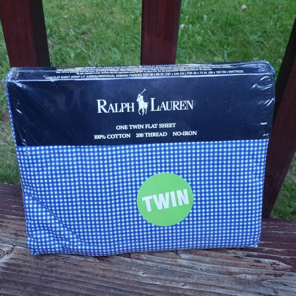 NEW Ralph Lauren Blue And White Small Gingham Checks - TWIN Flat Sheet